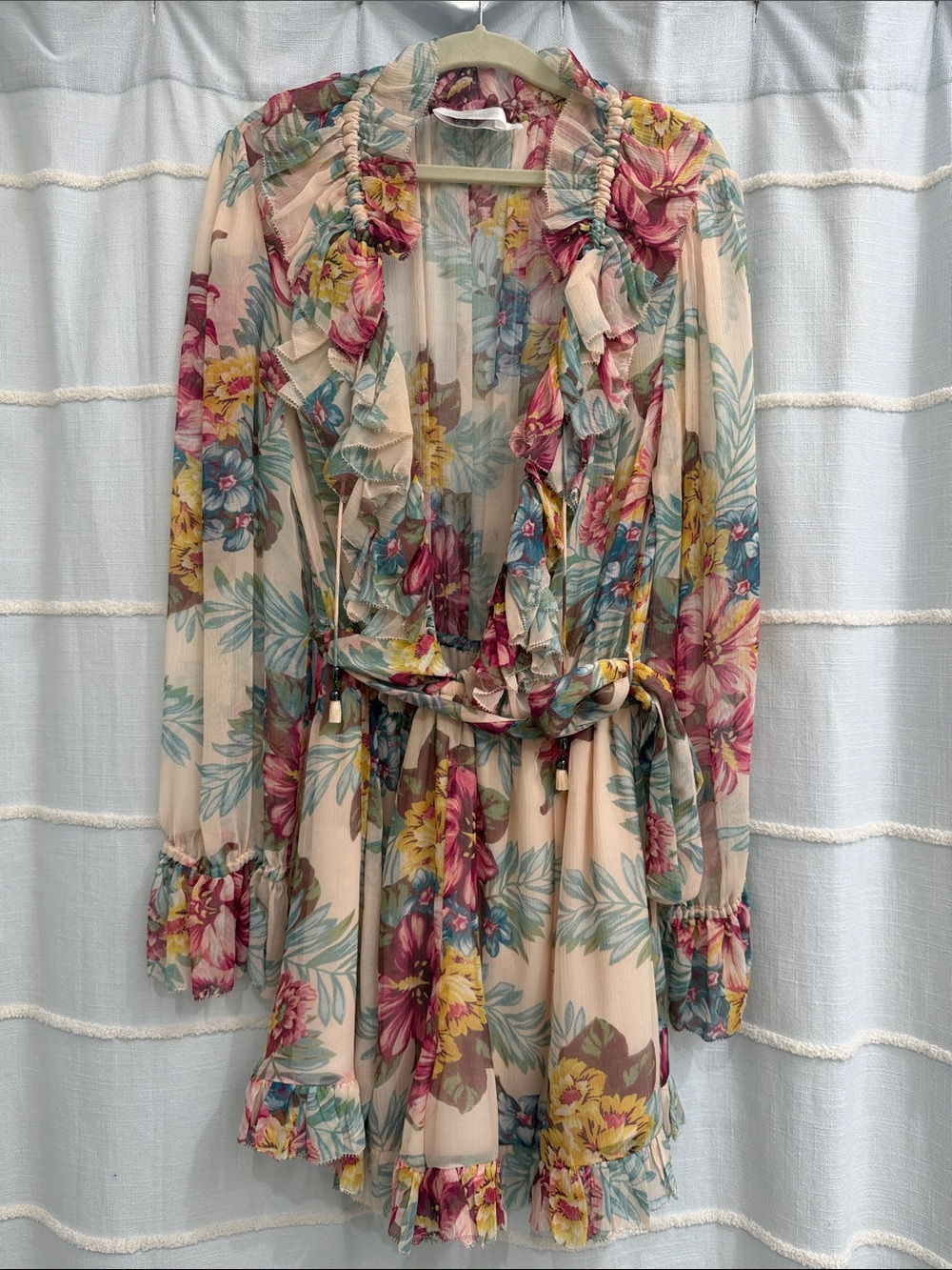 Zimmermann Cream Floral Ruffle Tie-Waist Long Sleeve Mini Dress